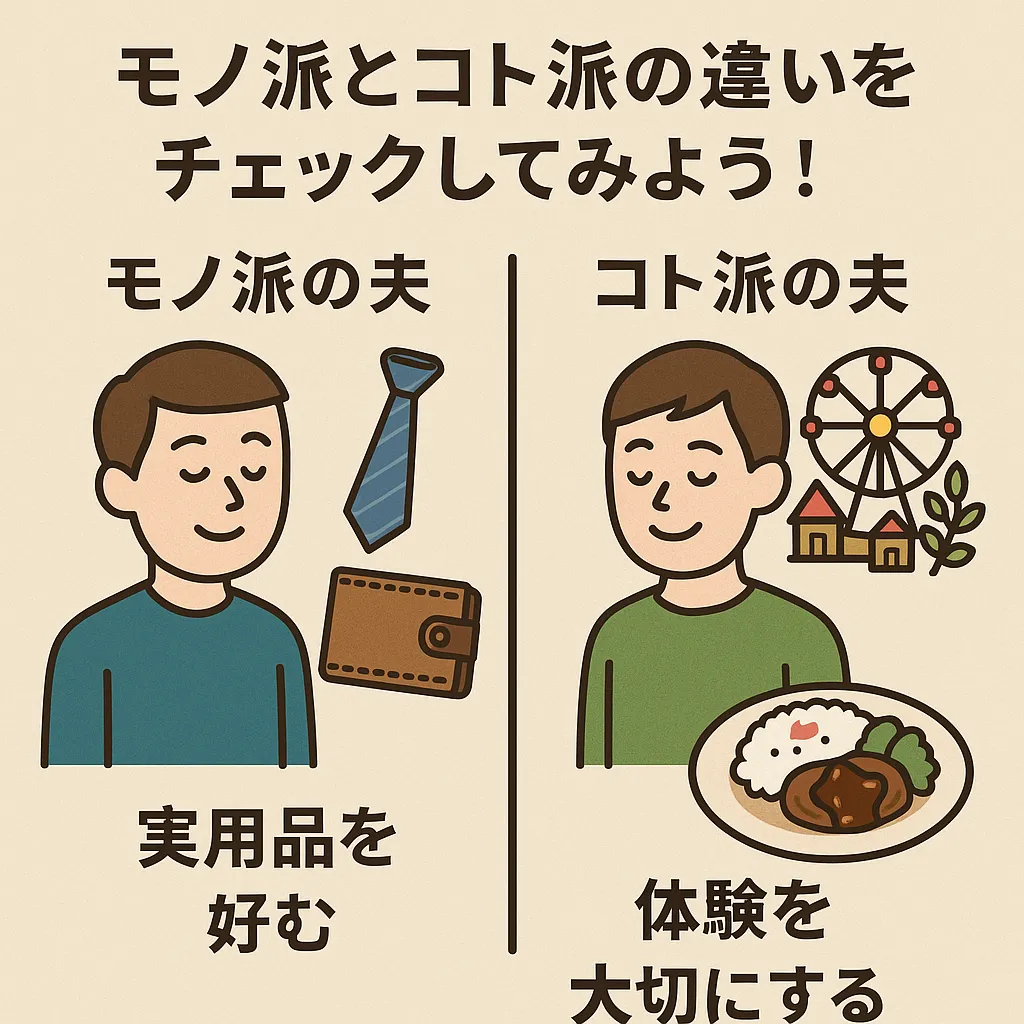 実用品を好むモノ派の夫と、体験を大切にするコト派の夫を比較した日本語のスクエアイラスト。