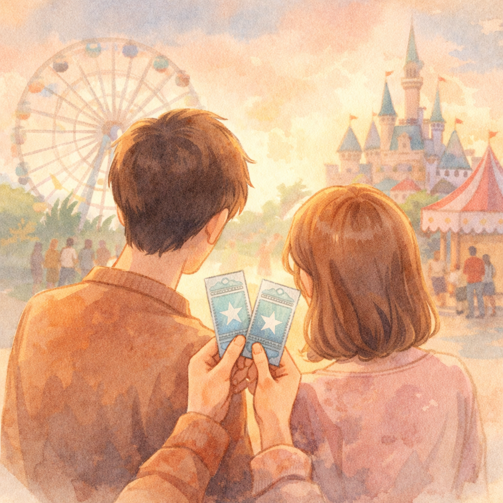 テーマパークの景色を前に二人が並んでチケットを手にしている思い出感のあるイラスト