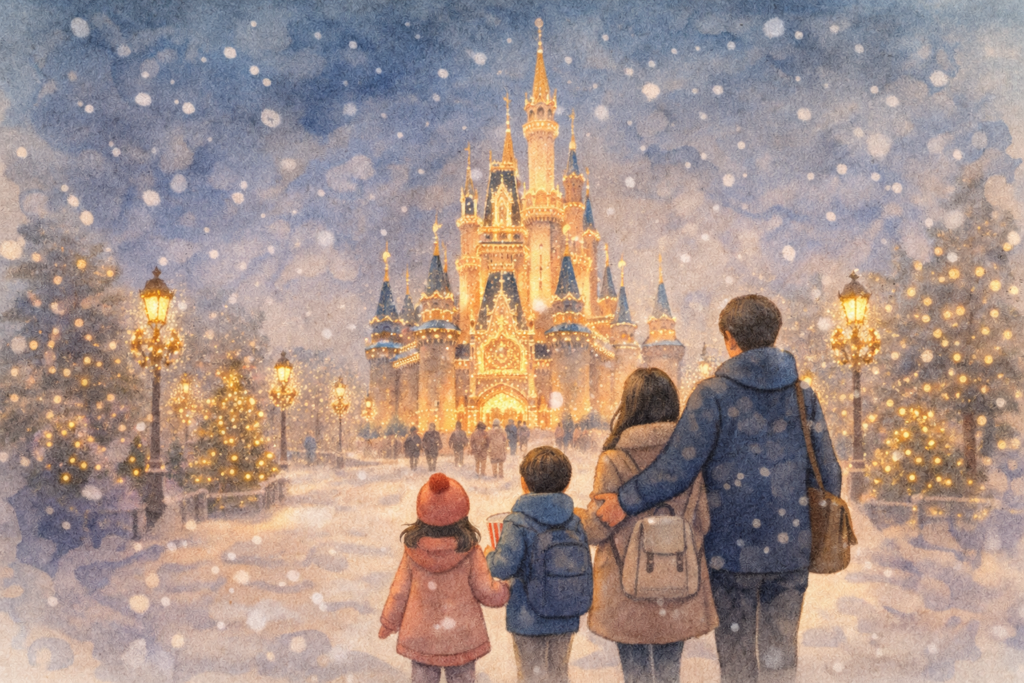 雪が降る夜、あたたかい服装の家族が手をつないでライトアップされたお城へ向かって歩く様子