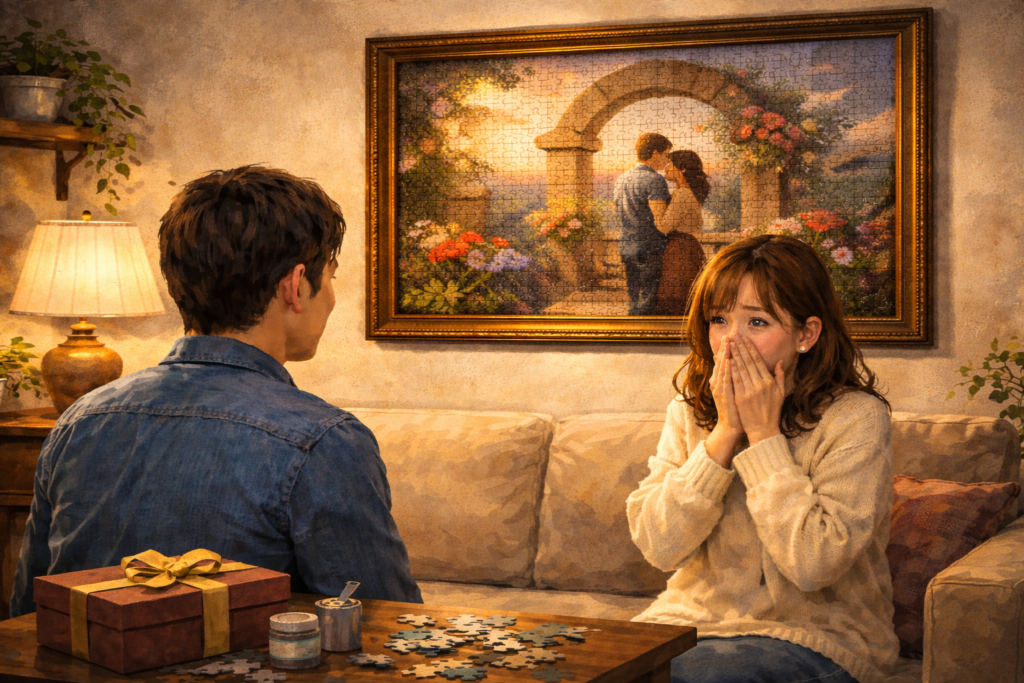 リビングの壁に額装された大きなジグソーパズルを見て驚き涙ぐむ女性と、そばで見守る男性