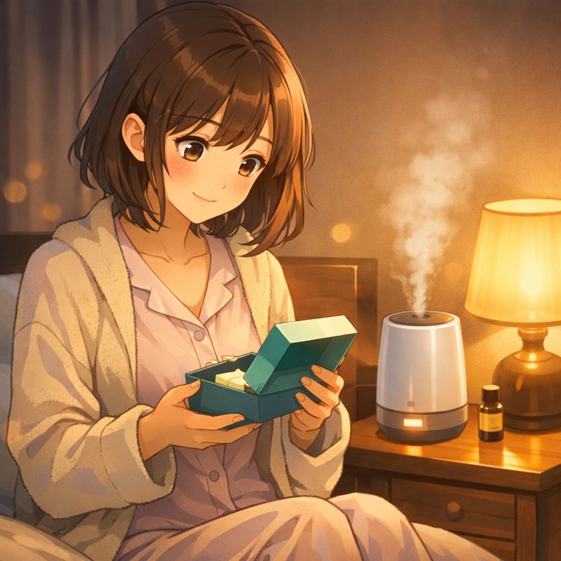 暖色のライトが灯る寝室で、パジャマ姿の女性が小さなギフトボックスを開け、ベッドサイドの加湿器付きアロマディフューザーから薄いミストが立ちのぼっているアニメ風イラスト