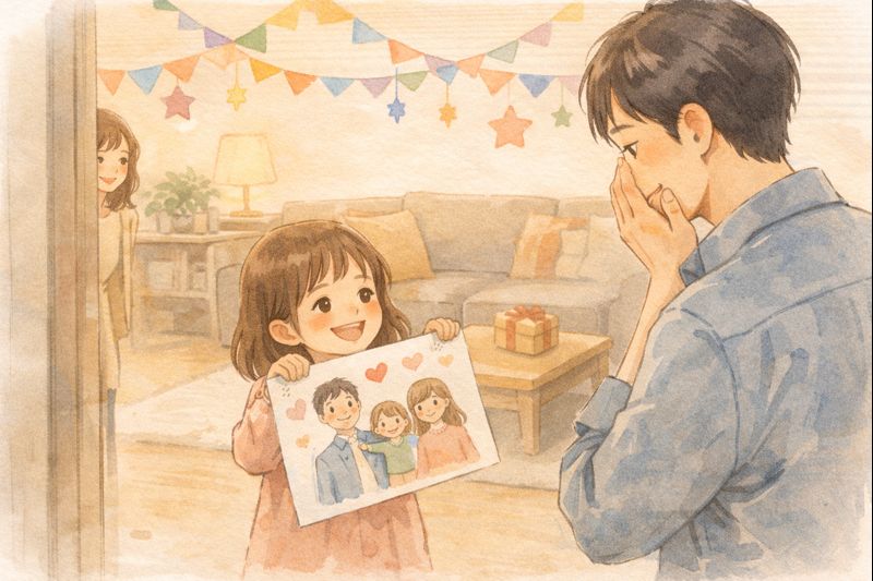 玄関先で、娘が手描きの絵を掲げ、父が驚きと嬉しさで立ち止まるあたたかな場面