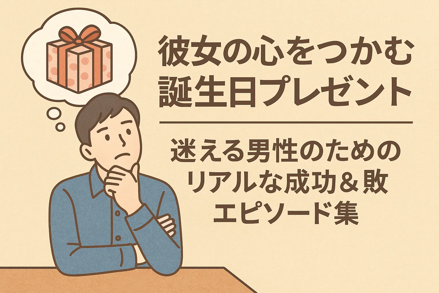 プレゼント選びに悩む日本人男性が、ギフトを思い浮かべながら考え込んでいるイラスト