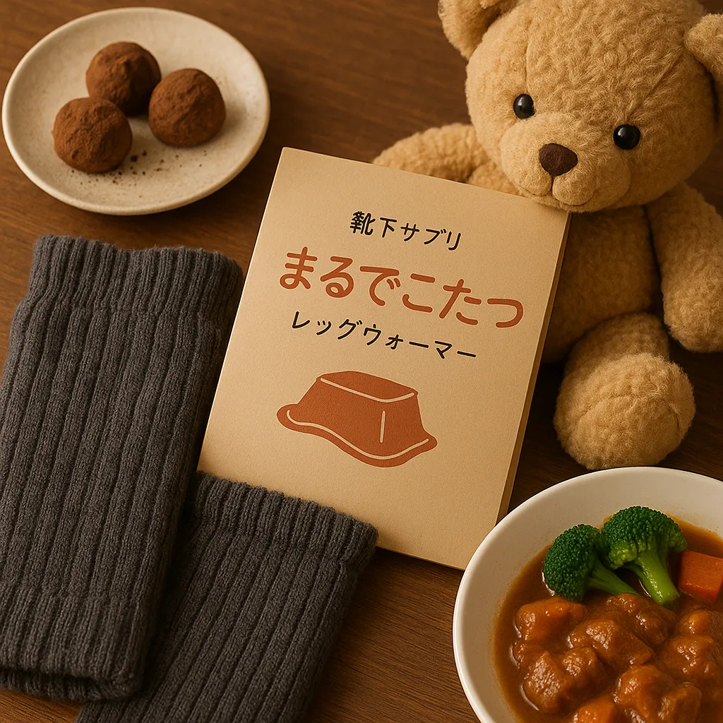 レッグウォーマーやぬいぐるみ、手作り料理などが並ぶ心温まる贈り物のイメージ