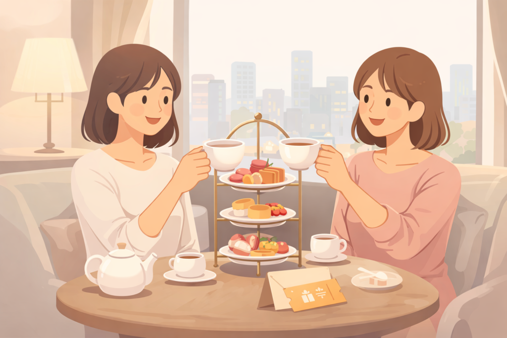 ホテルラウンジでアフタヌーンティーを楽しむ女性たちとテーブル上のギフトチケットのイラスト