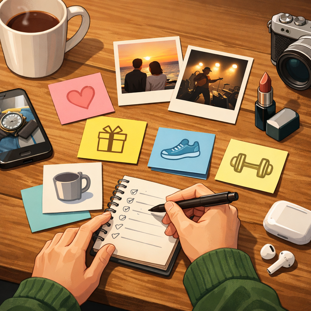 ノートにチェックを書き込みながら、写真や小物を見てプレゼント選びの情報を整理している机の上の様子