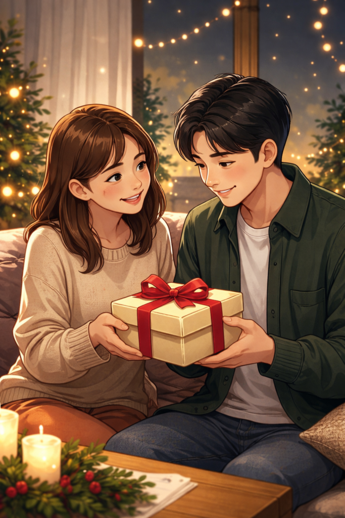 夜のリビングで、リボン付きのプレゼントを手渡しし、受け取った相手が嬉しそうに見つめ返しているカップルの場面