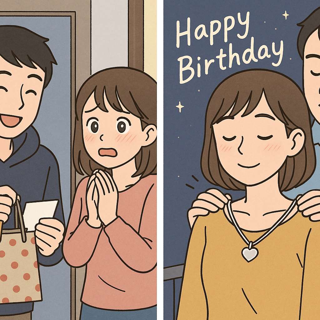 誕生日に彼氏からプレゼントを受け取る日本人女性。昼間の玄関前で感動するシーンと、夜のベランダでネックレスを受け取るシーンの2コマ。
