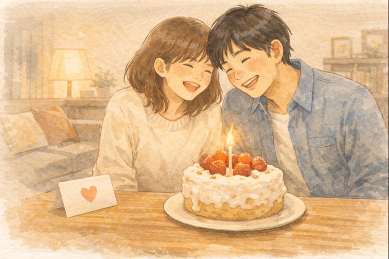 素朴な手作りケーキを前に、並んで笑い合うカップルのあたたかな誕生日のひととき