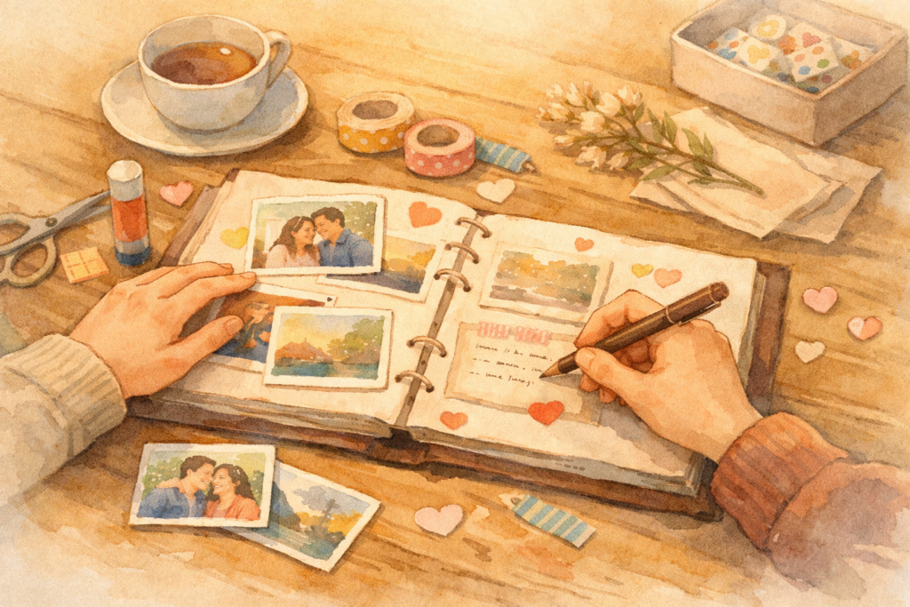 木のテーブルで写真を貼り、手書きのメッセージを添えながらフォトアルバムを作っている様子