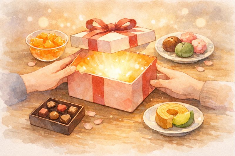 プレゼントボックスを開ける手元と、みかんゼリー・和菓子・チョコ・バウムクーヘンが並ぶ水彩イラスト