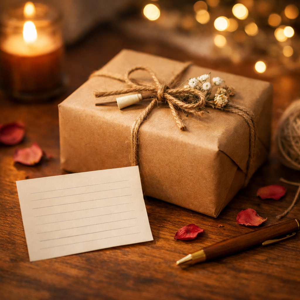 クラフト紙で包んだプレゼントに手紙カードを添えた、温かい雰囲気のギフトシーン