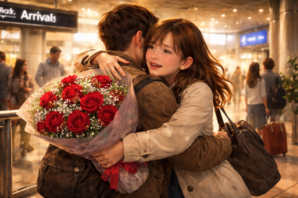 到着ロビーで赤いバラの花束を抱えた男性と、再会に涙ぐみながら抱き合う女性