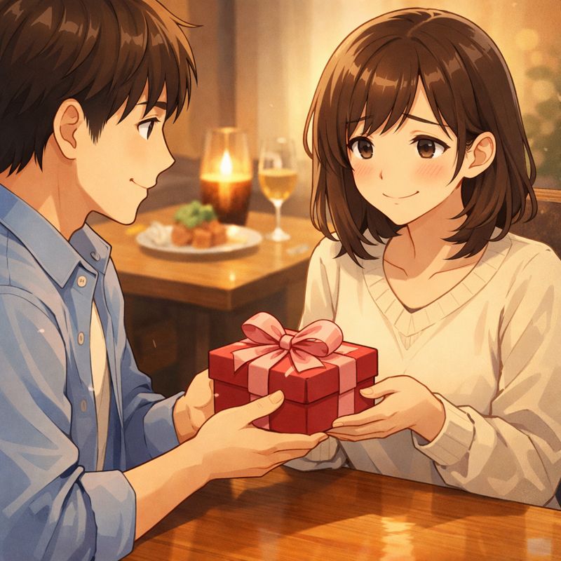 カフェでリボンのかかったプレゼントを受け取り、少し戸惑いながらも微笑む女性のアニメ風イラスト