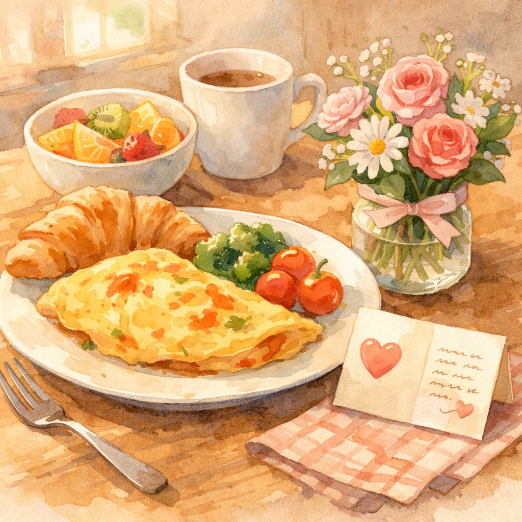 木のテーブルに手料理の朝食と小さな花束、メッセージカードが置かれた温かい雰囲気のイラスト