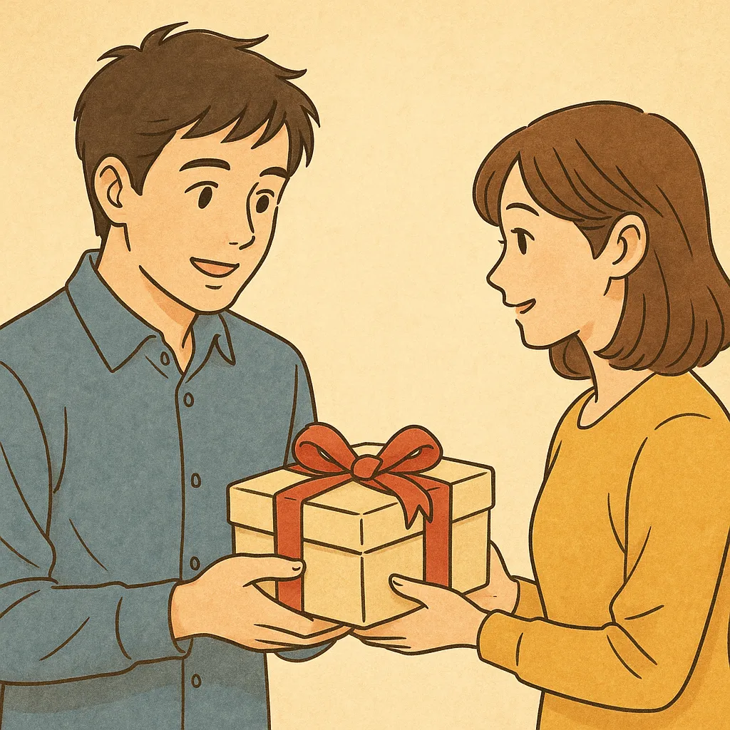 女性が男性にプレゼントを渡す、やさしい雰囲気のイラスト