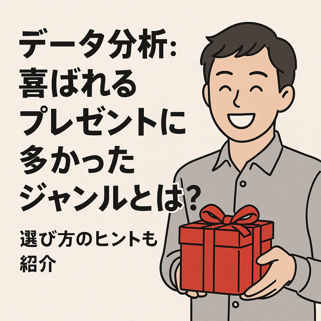笑顔の男性が赤いプレゼントを持っているイラストと、「データ分析：喜ばれるプレゼントに多かったジャンルとは？選び方のヒントも紹介」という日本語テキストがレイアウトされた見やすいインフォグラフィック