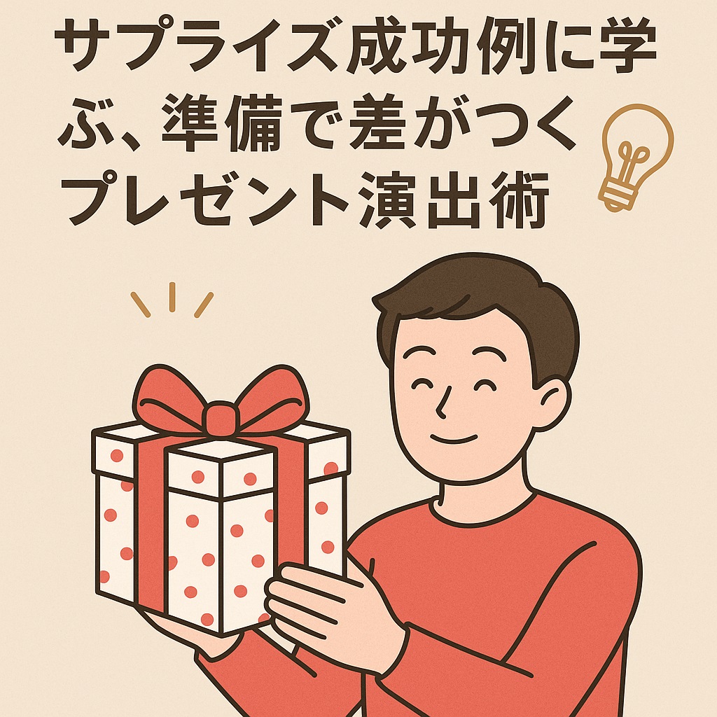 プレゼントを笑顔で差し出す男性と、「サプライズ成功例に学ぶ、準備で差がつくプレゼント演出術」の文字