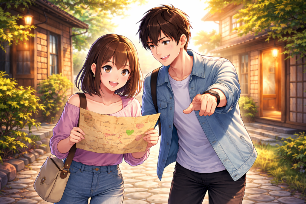地図を手にワクワクしながら宝探しをするカップルのイラスト