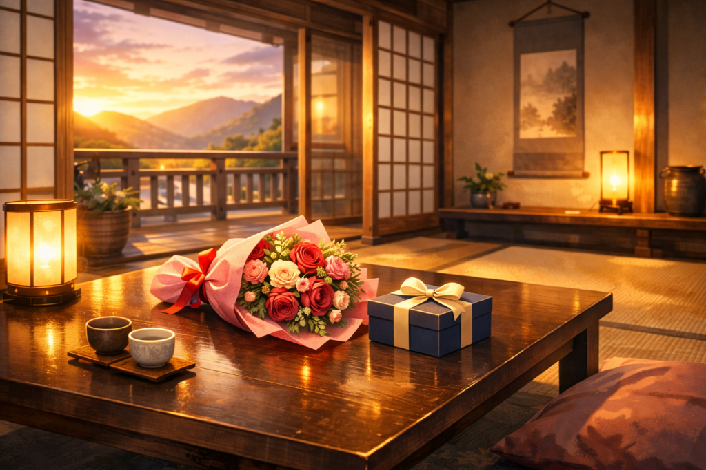 夕暮れの和室のテーブルに花束とプレゼントが置かれたサプライズ演出のイラスト