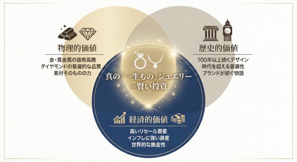 一生ものジュエリーの資産価値を定義するベン図の図解。物理的価値（金・貴金属の価格高騰）、歴史的価値（100年以上続く普遍的デザイン）、経済的価値（高いリセール需要と換金性）の3つの要素が重なる中心に「真の一生もの＝賢い投資」があることを示しています。