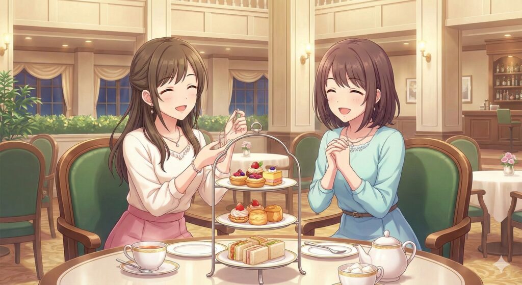ホテルのラウンジで豪華なアフタヌーンティーを楽しみながら、一人の女性がもう一人の女性にネックレスを見せているアニメ風のイラスト。