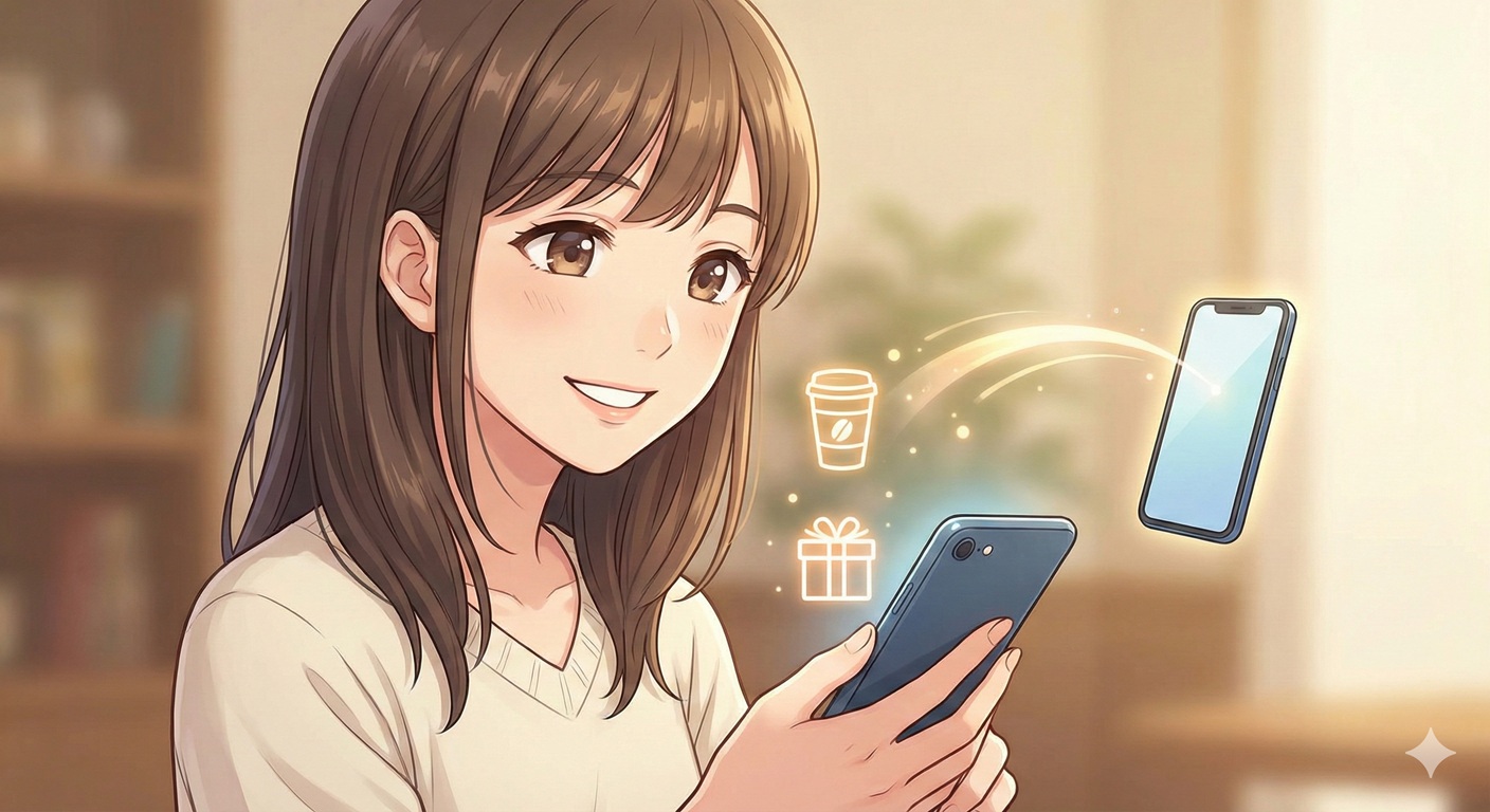 スマートフォンを操作し、笑顔でコーヒーやギフトのアイコンを送信しているアニメ風の女性のイラスト