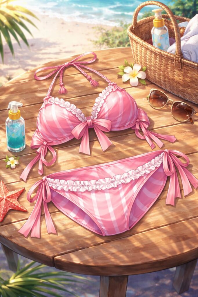 テーブルの上のピンクの水着