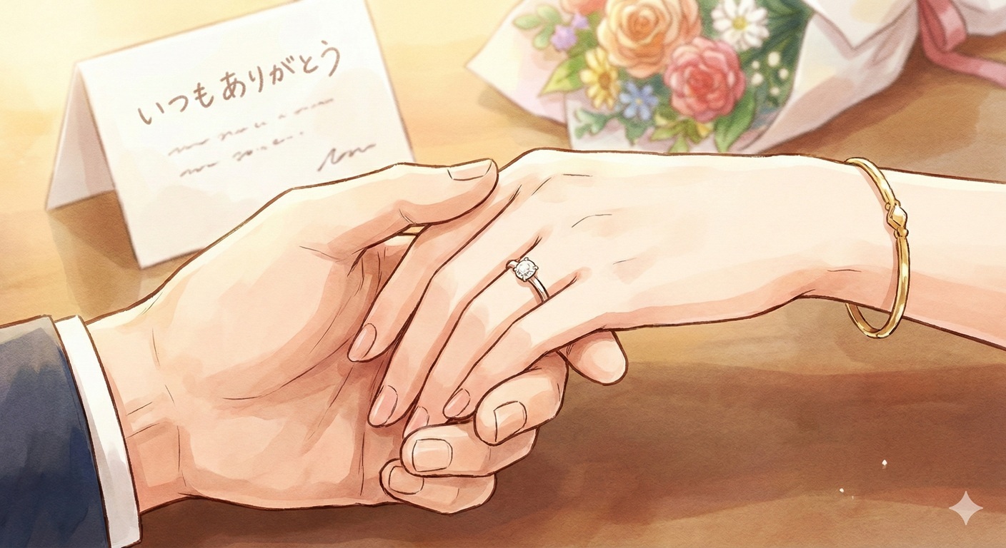 温かい光の中で重なり合う男女の手。女性の薬指にはダイヤモンドの指輪が光り、背景には「いつもありがとう」と書かれたメッセージカードと花束がある。
