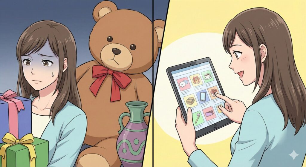 左側には大きなぬいぐるみや花瓶などの物理的なプレゼントに困惑する女性、右側にはタブレットでデジタルカタログを嬉しそうに見ている女性を描いたアニメ風の比較イラスト
