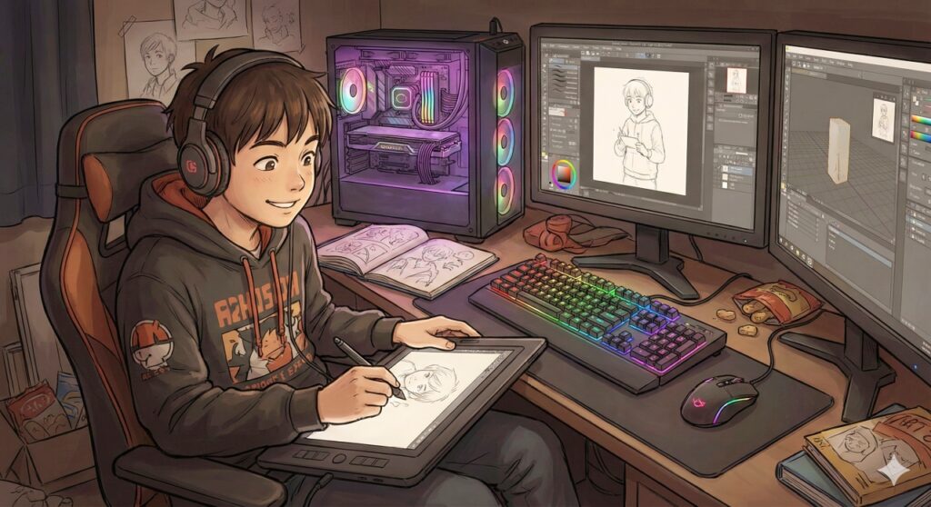光るゲーミングキーボードやマウス、マルチモニターに囲まれた薄暗い部屋のデスクで、ヘッドセットを装着し、ペンタブレットを使って笑顔でイラスト制作に没頭している中学生男子のイラスト。