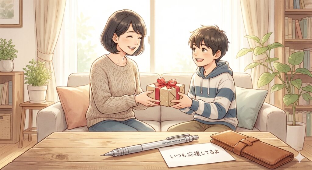 温かい雰囲気のリビングルームで、笑顔の母親からリボンのついたプレゼント箱を手渡され、嬉しそうに受け取っている中学生男子のイラスト。手前のテーブルには高級シャープペンシル、革のペンケース、そして「いつも応援してるよ」と書かれた手書きのメッセージカードが置かれている。