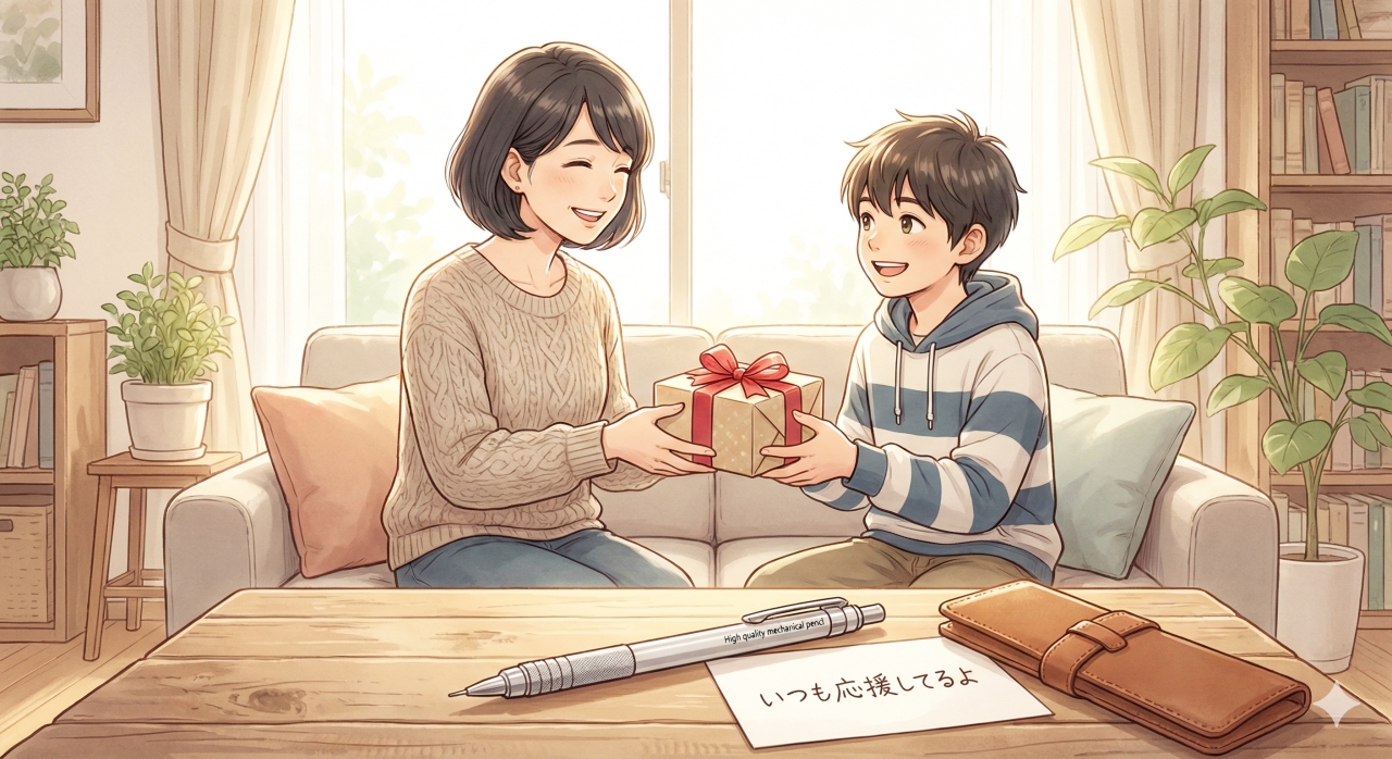 温かい雰囲気のリビングルームで、笑顔の母親からリボンのついたプレゼント箱を手渡され、嬉しそうに受け取っている中学生男子のイラスト。手前のテーブルには高級シャープペンシル、革のペンケース、そして「いつも応援してるよ」と書かれた手書きのメッセージカードが置かれている。