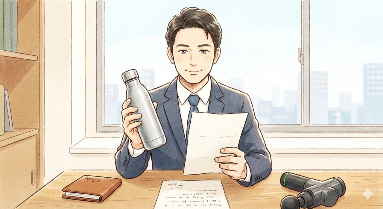 清潔感のある現代的な2Dアニメスタイルのイラスト。デスクで高品質なボトルと手書きの手紙を手に、温かい表情で微笑む日本人の30代ビジネスマン。