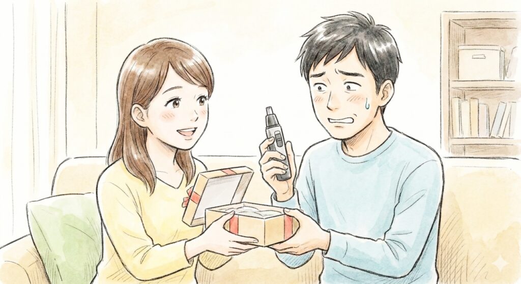 2Dのデジタルイラスト。リビングで笑顔の日本人女性からプレゼントされた鼻毛カッターを手に持ち、困惑した表情を浮かべる日本人男性。コミカルな汗のマークが描かれている。
