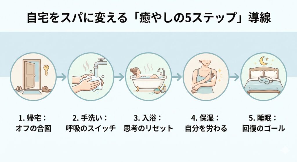 働く女性の休息を支える「癒やしの5ステップ」導線図。帰宅（オフの合図）、手洗い（呼吸のスイッチ）、入浴（思考のリセット）、保湿（自分を労わる）、睡眠（回復のゴール）という、ギフトを活用した回復ルーティンの流れを説明するイラスト。