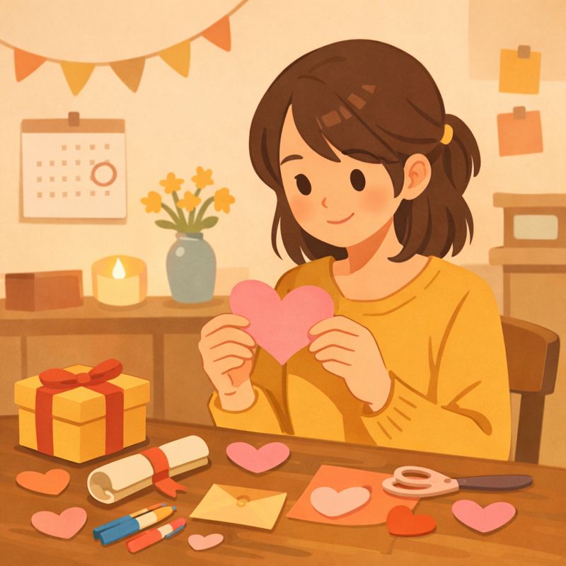 自宅で夫婦がグラスを合わせ、小さなケーキとプレゼントを囲んでお祝いしている温かい雰囲気のイラスト