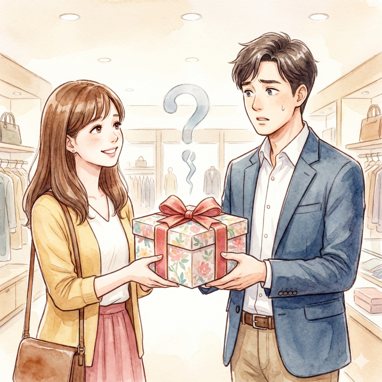 デパートで笑顔でプレゼントを渡す女性と、少し困惑した表情で受け取る男性のイラスト。二人の間にクエスチョンマークが浮かんでいる。