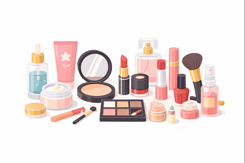 リップやアイシャドウ、チーク、スキンケアなど複数のコスメが並んだイラスト