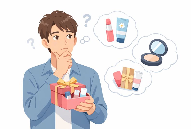 コスメをプレゼントしようか迷う男性がギフトボックスとコスメを想像しているイラスト