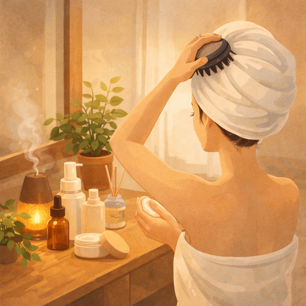 タオルで髪を包みスカルプブラシで頭皮をケアする女性と、香りアイテムやスキンケア用品が並ぶ洗面台のイラスト