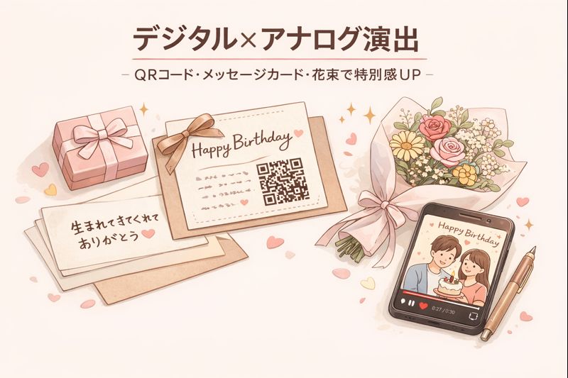 QRコード付きの誕生日メッセージカードと花束、プレゼント、スマホ動画を組み合わせたデジタル×アナログ演出のイメージ