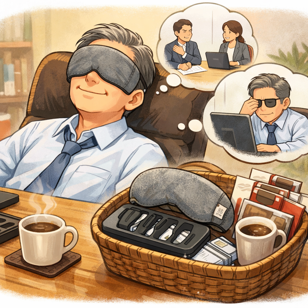 アイマスクで目を休めるスーツ姿のお父さんと、コーヒーやケアグッズをまとめた父の日プレゼントのイラスト