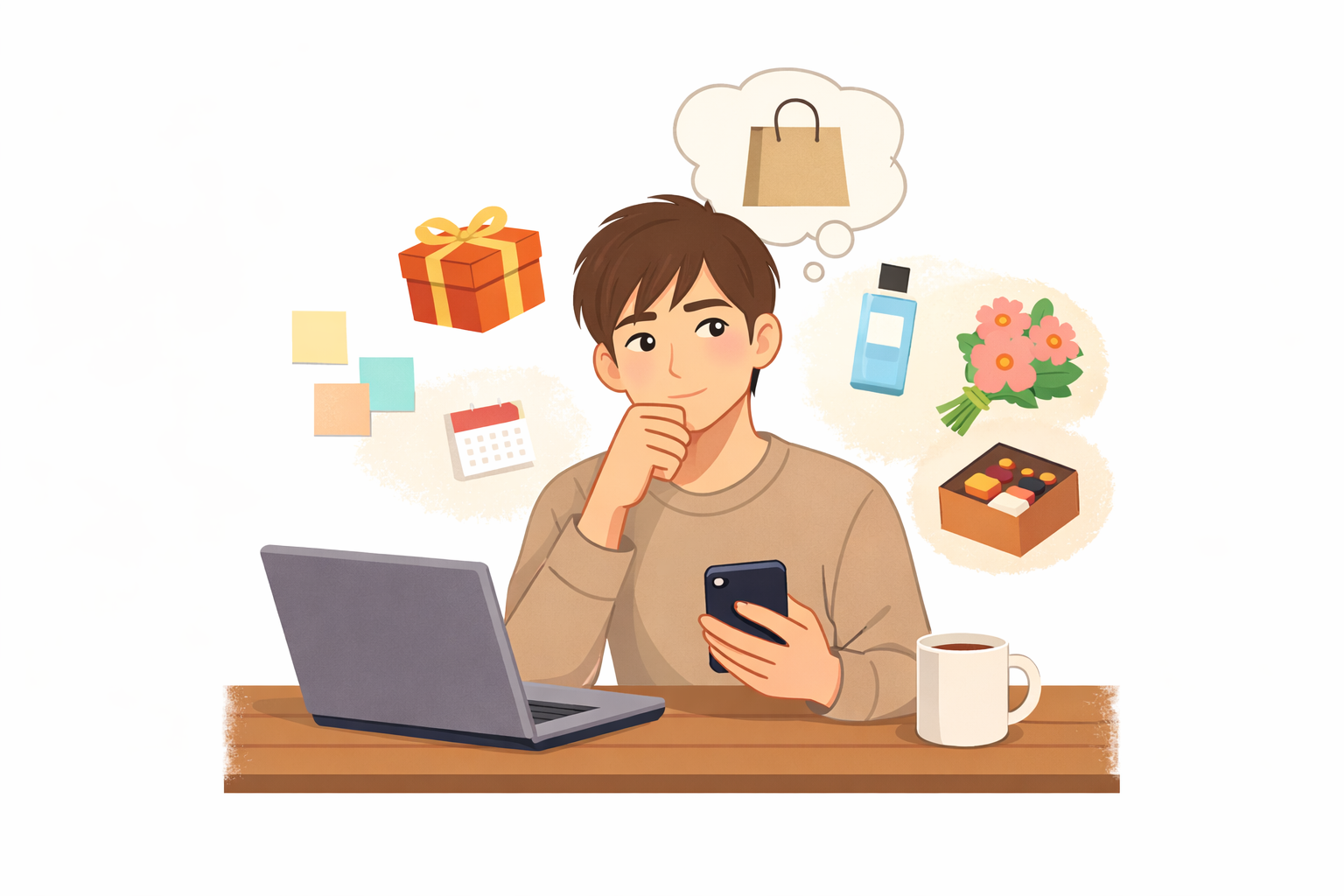ノートPCとスマホを見ながら、ギフトボックスや花、ケア用品、スイーツの候補を思い浮かべる男性のイラスト