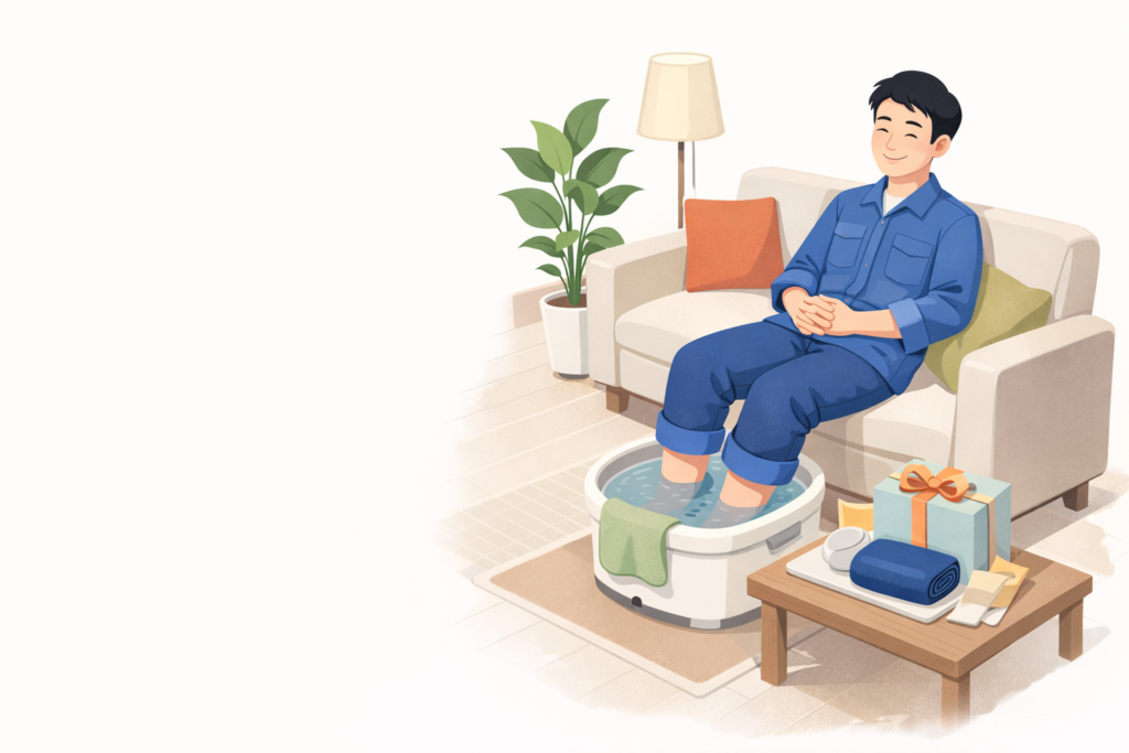 作業着の男性がソファで足湯をして休み、テーブルにギフト箱やタオルが置かれたイラスト