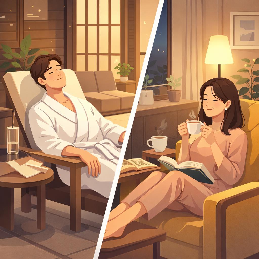 夫がスパでくつろぎ、妻が家で読書しながらお茶を飲むイラスト