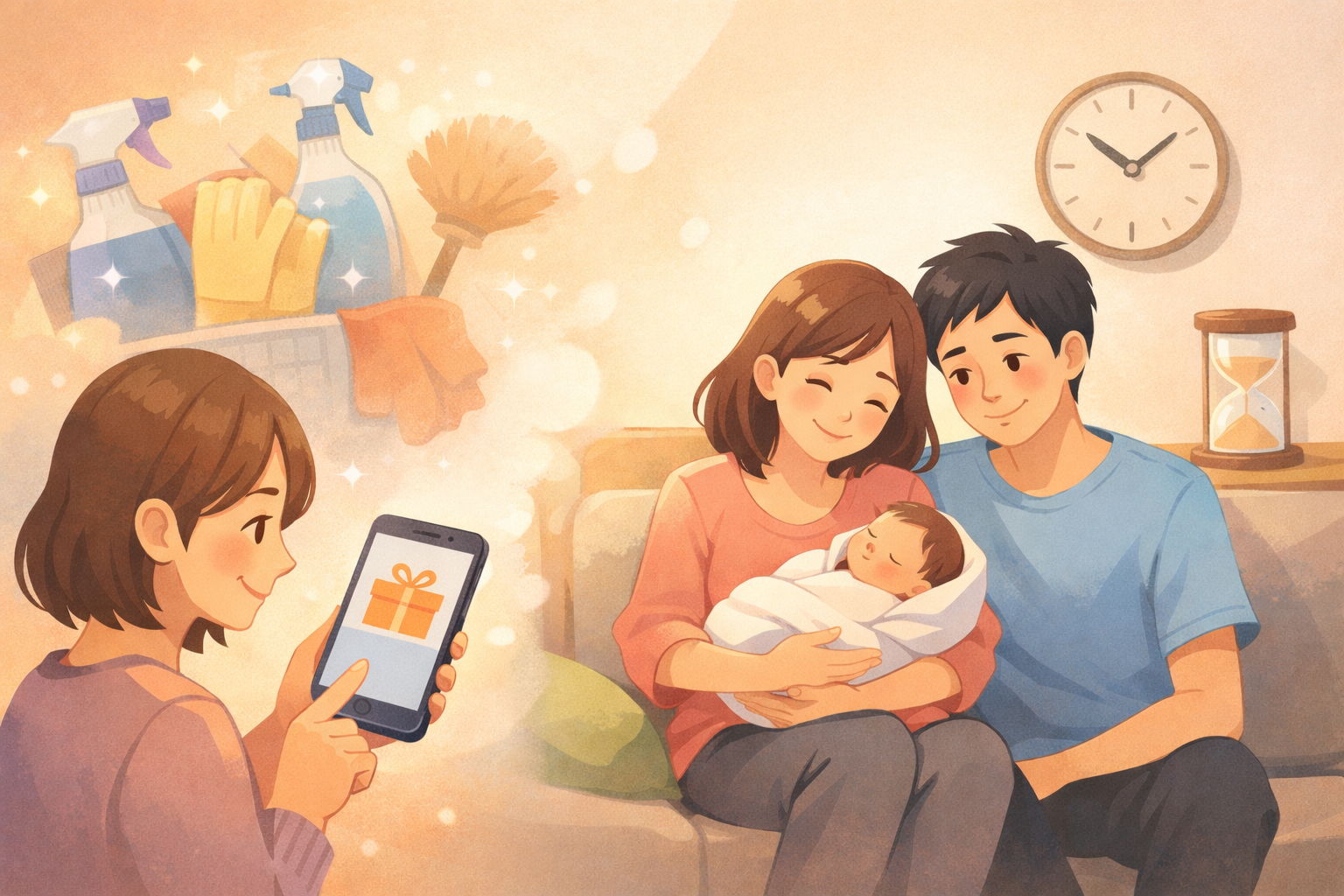 スマホでギフトを送る人と、赤ちゃんを抱く夫婦のイラスト。出産祝いに家事代行で時間を贈るイメージ
