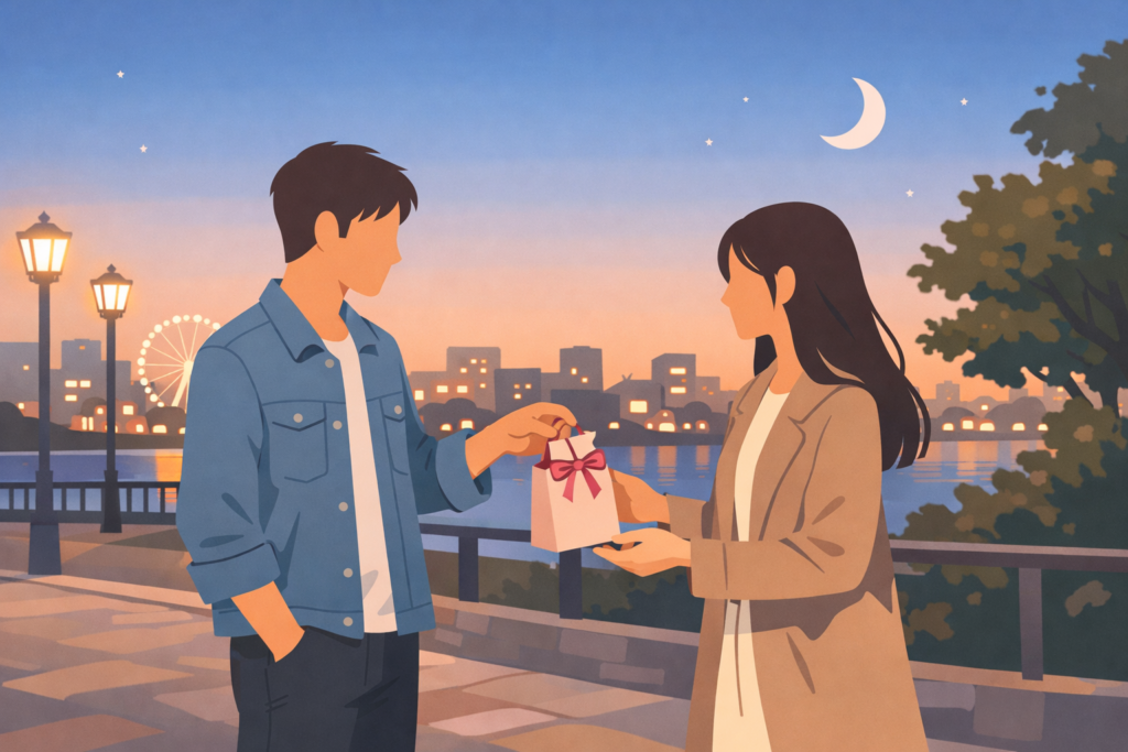 暮れの街並みで小さなギフトバッグをさりげなく手渡す男女のイラスト