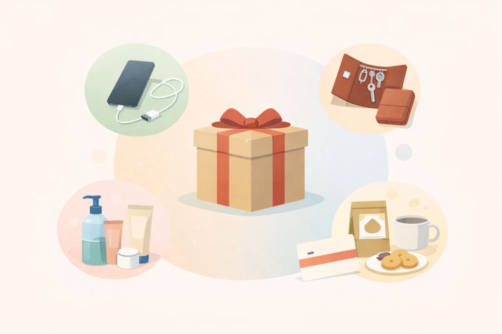 プレゼント箱の周りにガジェット、革小物、セルフケア用品、コーヒーとお菓子、ギフトカードのモチーフが並ぶイラスト
