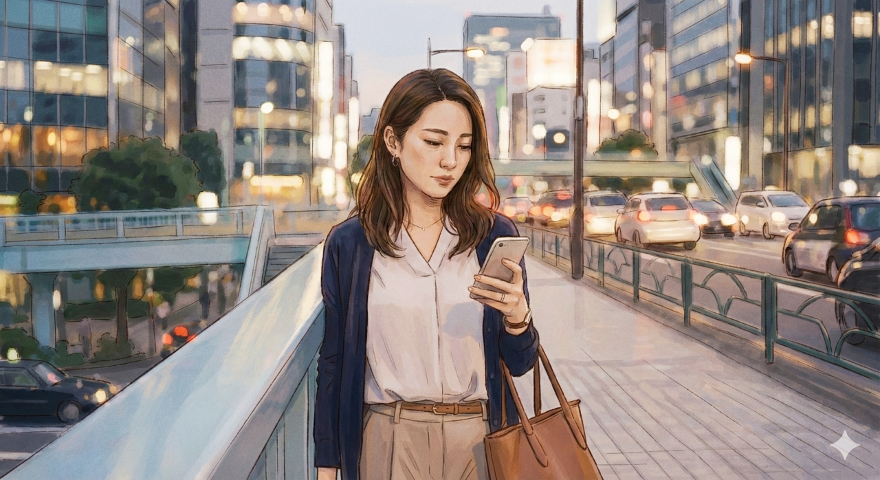 夕暮れの東京の歩道橋で、少し疲れた表情でスマートフォンを見つめるビジネスファッションの女性のイラスト。背景にはビル群の明かりが滲んでいる。